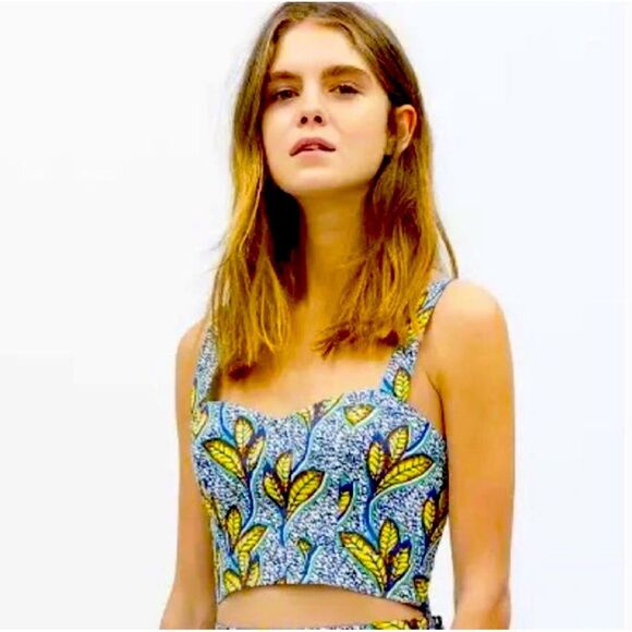 Zara Trafaluc Blue Yellow African Tribal Tropical Leaf Print Tank Crop Top Med - Picture 1 of 10